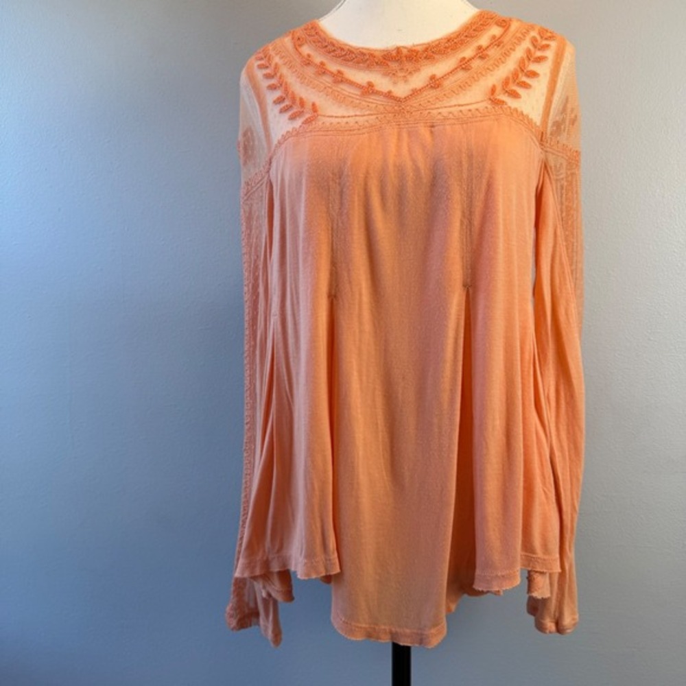Free People Havana Sands Combo Embroidered Mesh Long Sleeve Boho Blouse Flowy XS